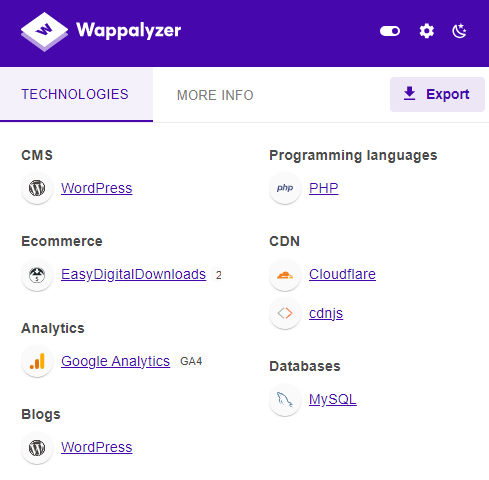 بررسی استاتیک بودن سایت با افزونه wappalyzer