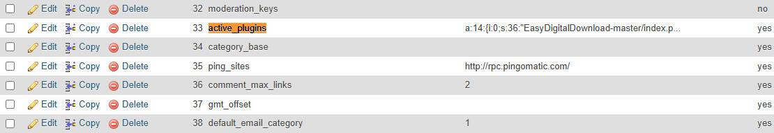 جدول wp-options در cpanel