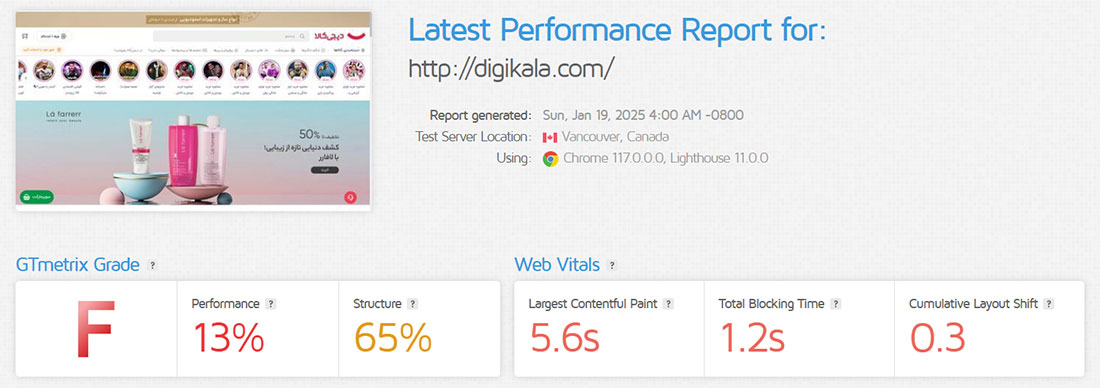 گزارش gtmetrix دیجی کالا