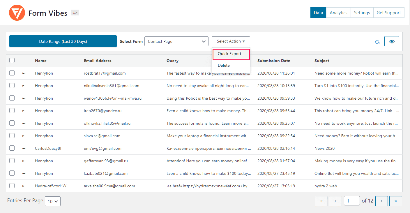 خروجی CSV از داده‌های فرم