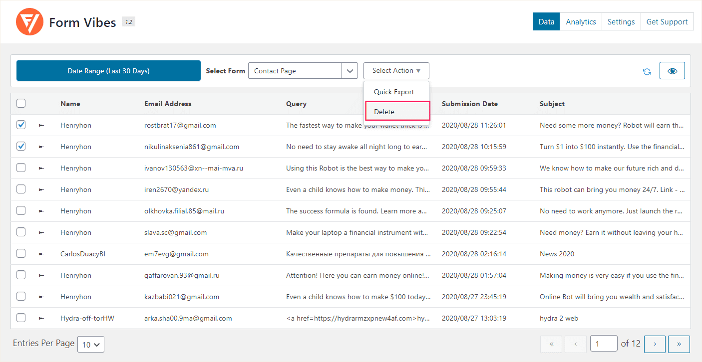 حذف ارسال‌های فرم در افزونه Form Vibes