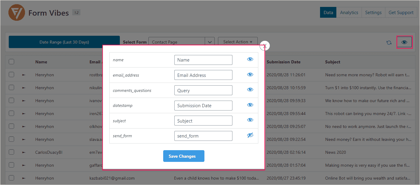 مدیریت فیلدهای فرم در Form Vibes