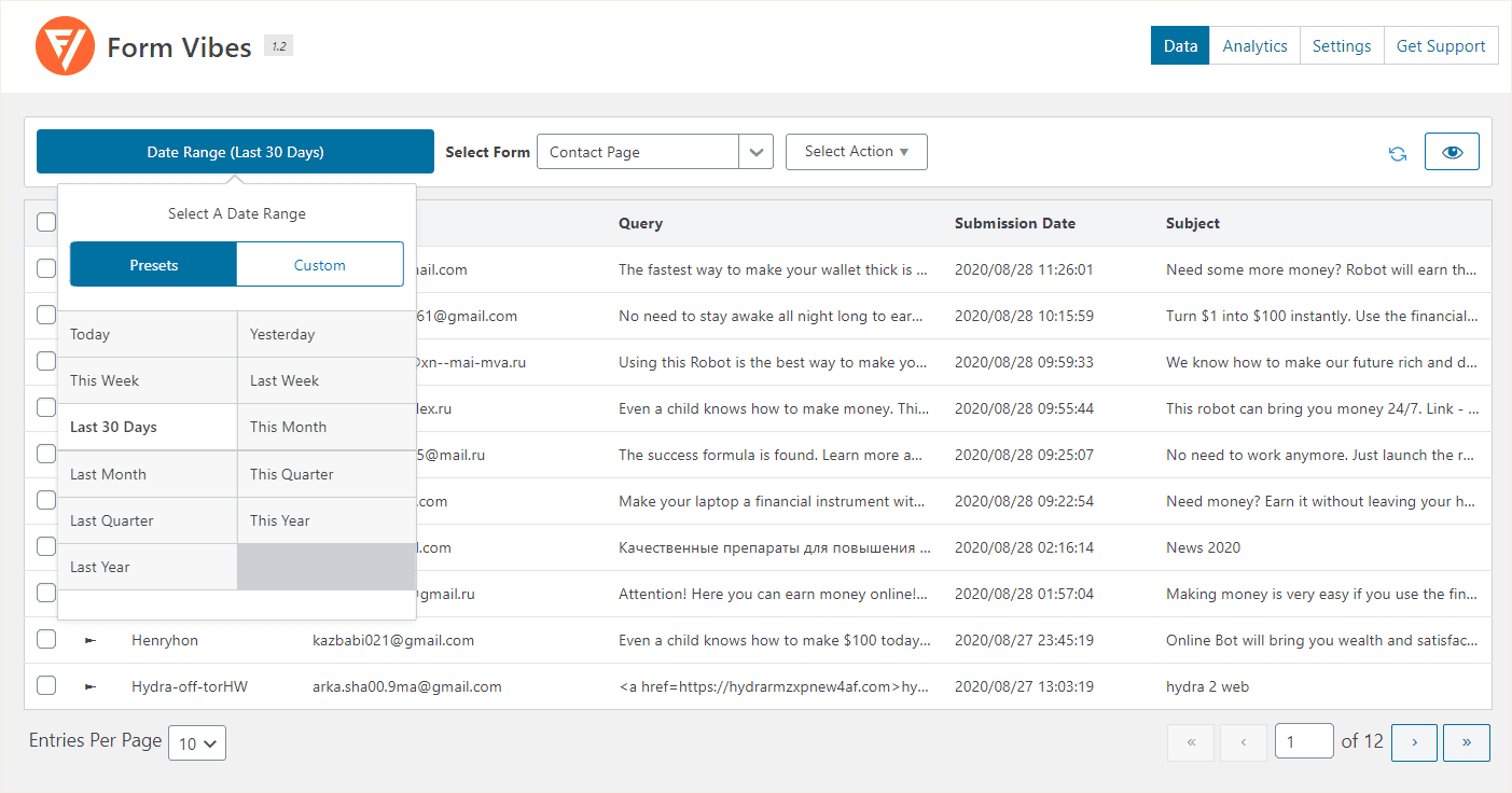 فیلتر بازه زمانی در افزونه Form Vibes