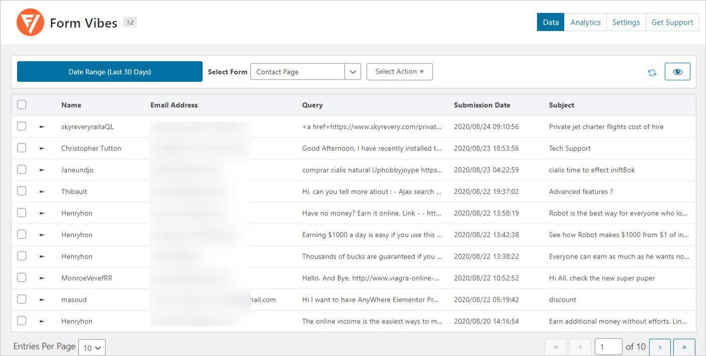 نمایش ارسال‌های فرم در افزونه Form Vibes